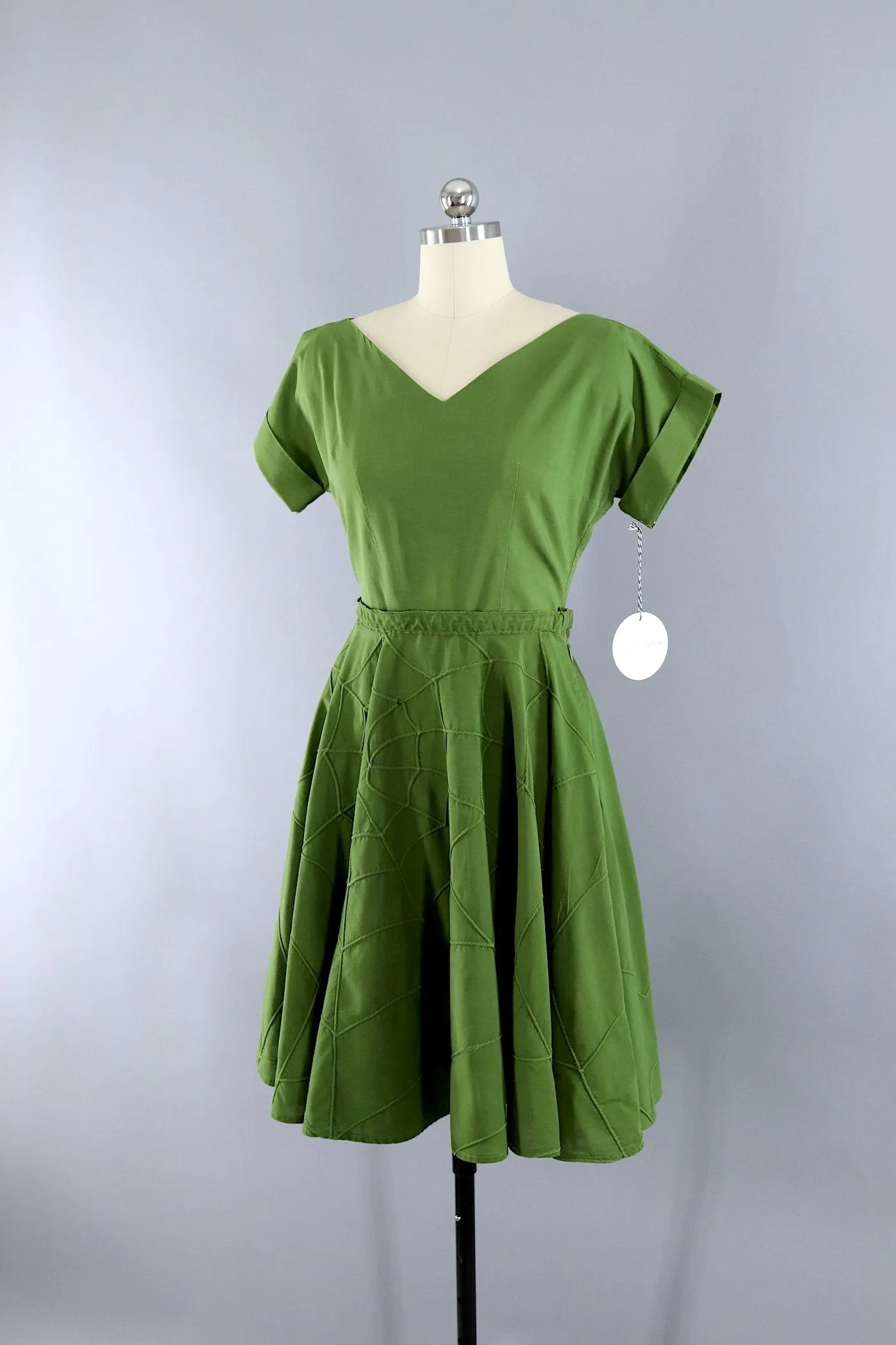 Vintage 1950s Patio Set / Olive Army Green Spider Web / Blouse and Skirt