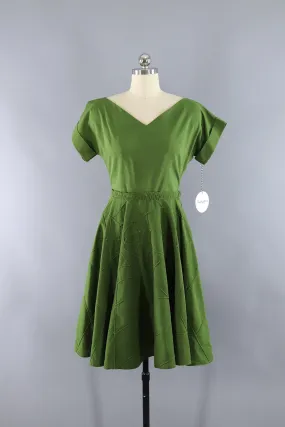 Vintage 1950s Patio Set / Olive Army Green Spider Web / Blouse and Skirt