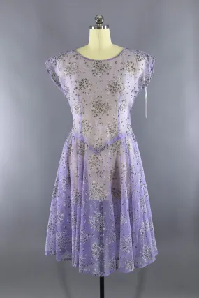 Vintage 1950s Sheer Day Dress / Lavender Green Floral