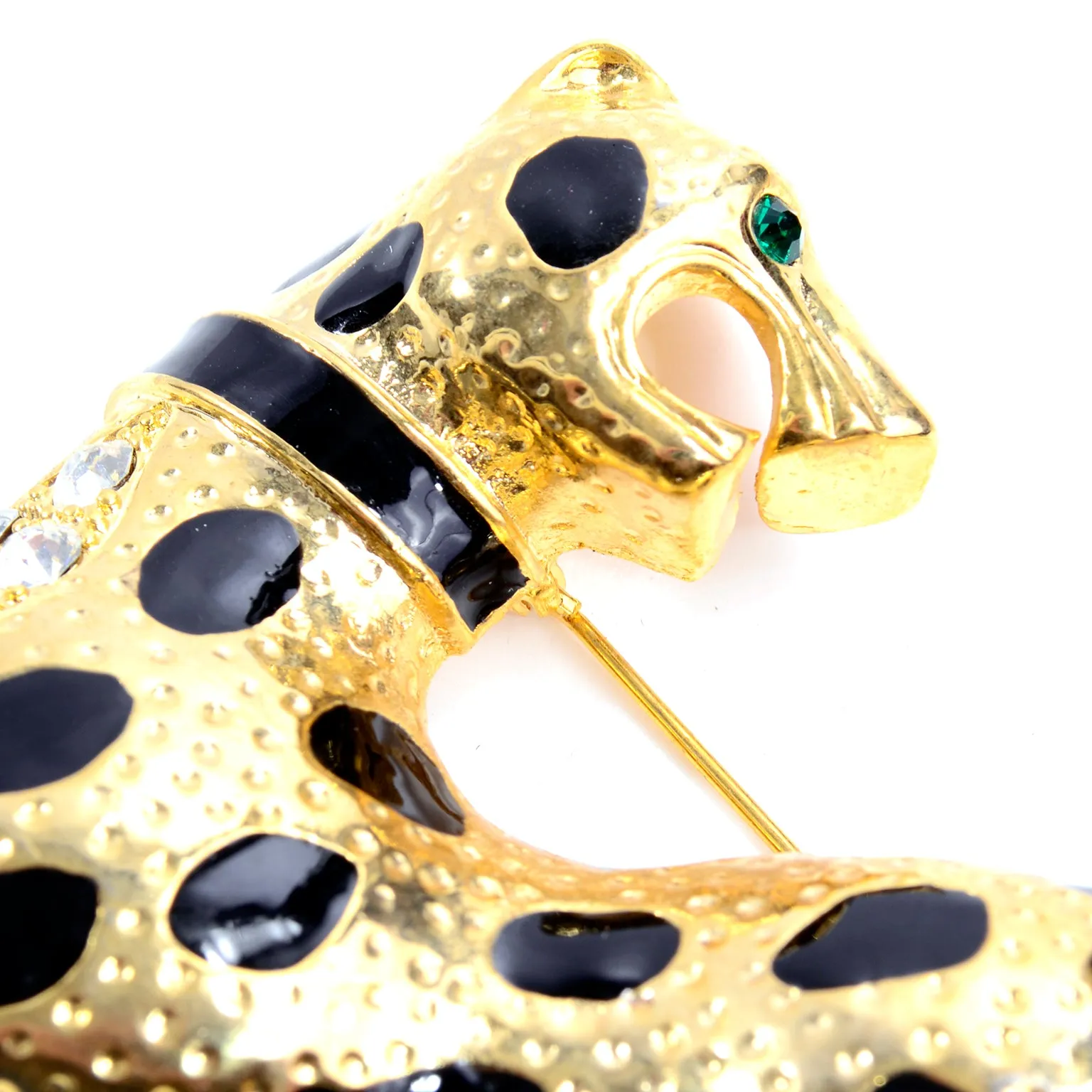 Vintage Oversized Gold Leopard Rhinestone & Enamel Statement Brooch