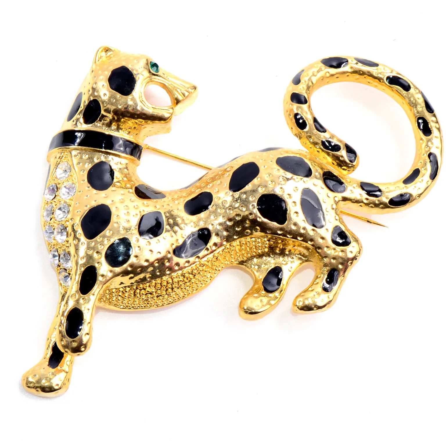 Vintage Oversized Gold Leopard Rhinestone & Enamel Statement Brooch