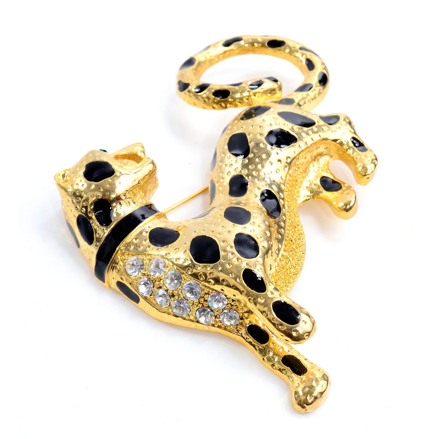 Vintage Oversized Gold Leopard Rhinestone & Enamel Statement Brooch