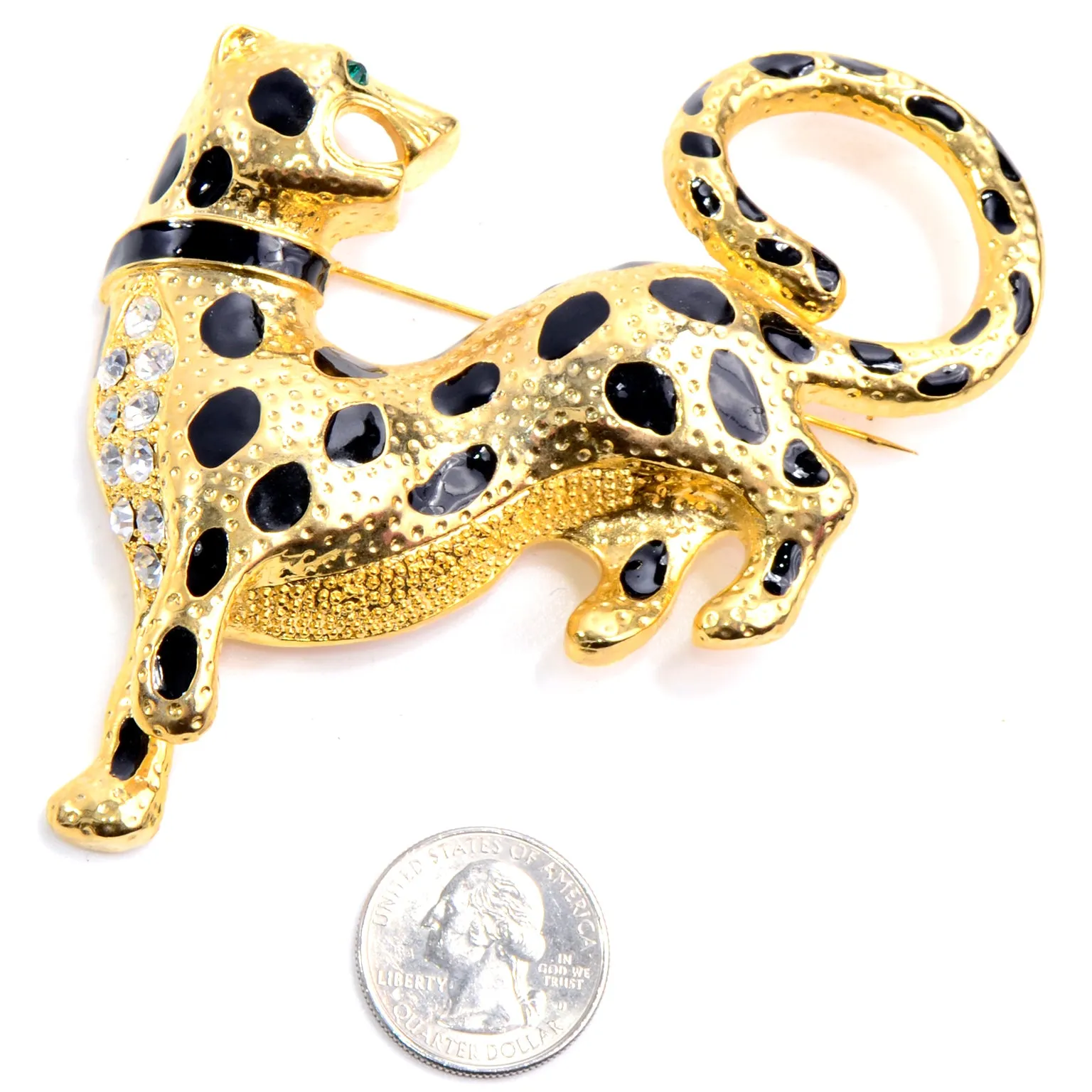 Vintage Oversized Gold Leopard Rhinestone & Enamel Statement Brooch