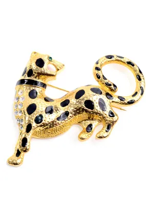 Vintage Oversized Gold Leopard Rhinestone & Enamel Statement Brooch