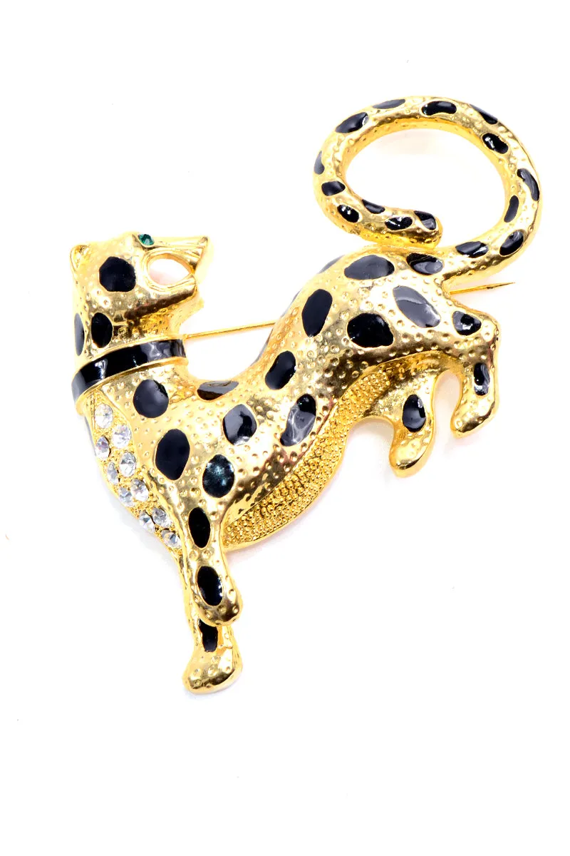 Vintage Oversized Gold Leopard Rhinestone & Enamel Statement Brooch