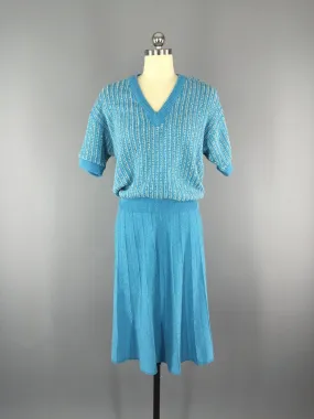 Vintage Skirt and Sweater Set / 1980s Blue Knit