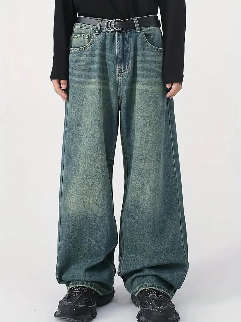 Wenkouban Men's vintage upcycle baggy jeans with faded effect