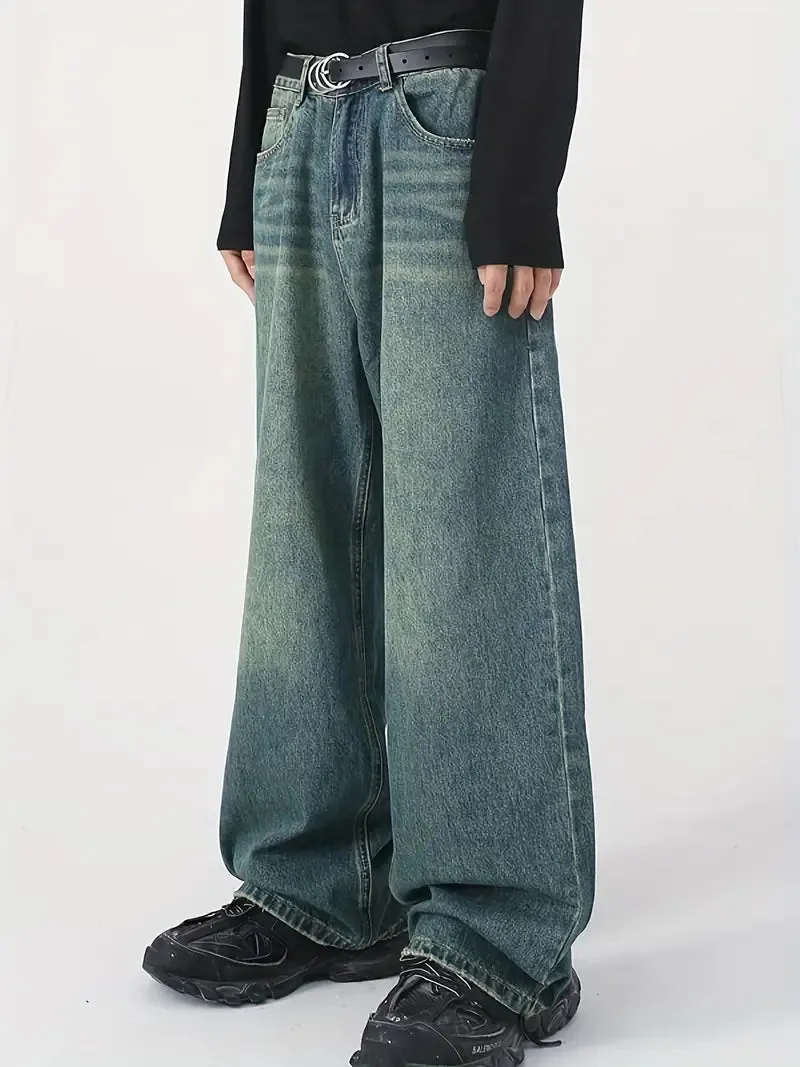 Wenkouban Men's vintage upcycle baggy jeans with faded effect