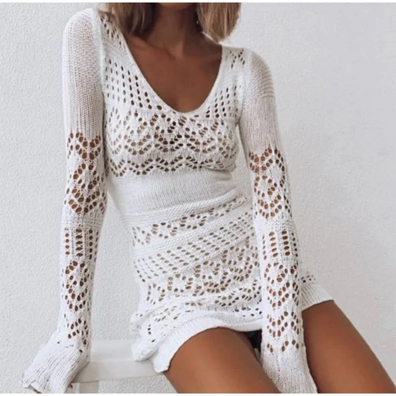 White Thin Sweater Beach Dresses Choose Tank Top Midi Or Long Sleeve Mini Lovely Open Air Pattern Makes Them Perfect For Summer Available In XS Small Medium Large Or XL