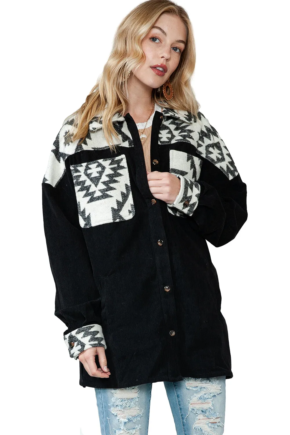 Wholesale Black Geometric Patchwork Buttoned Corded Shacket