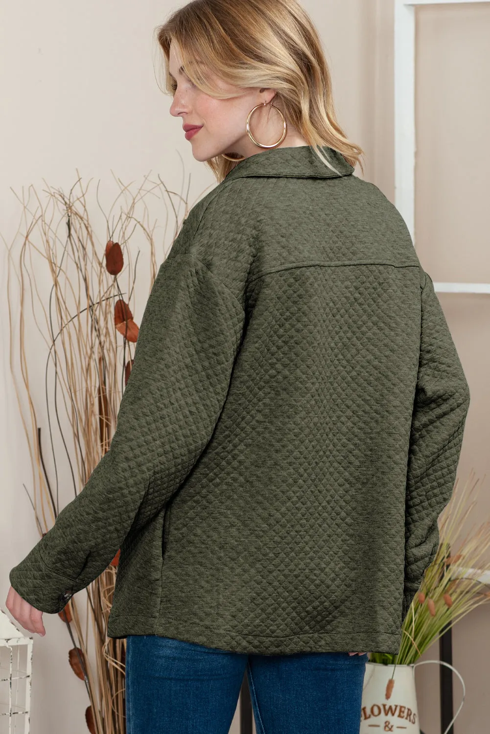 Wholesale Green Lattice Texture Pockets Button Up Quilted Shacket