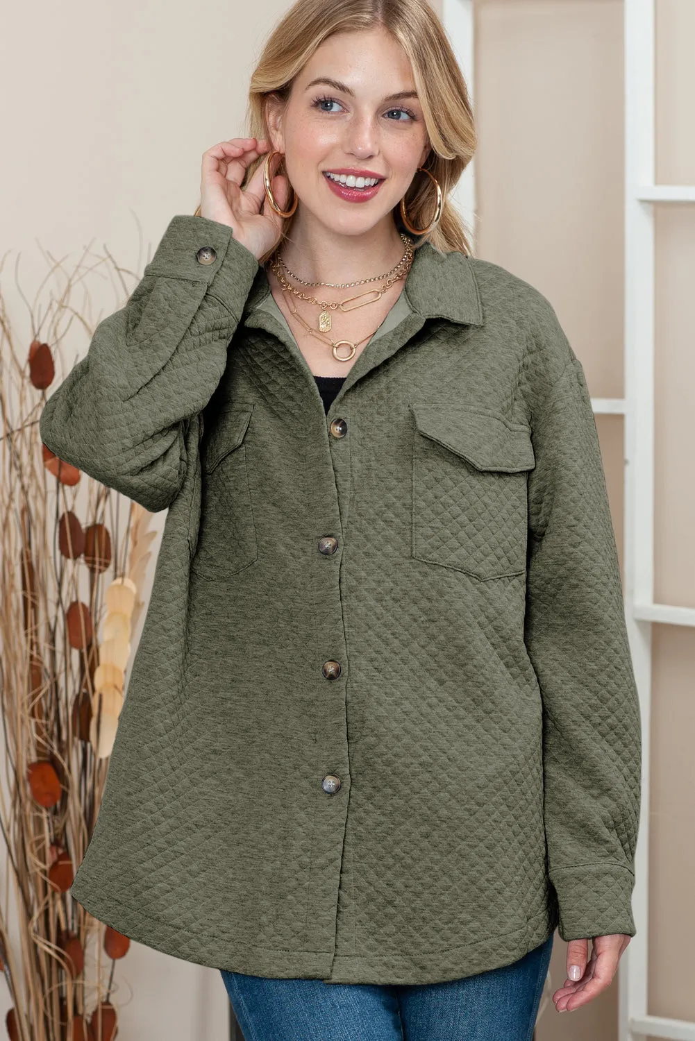 Wholesale Green Lattice Texture Pockets Button Up Quilted Shacket