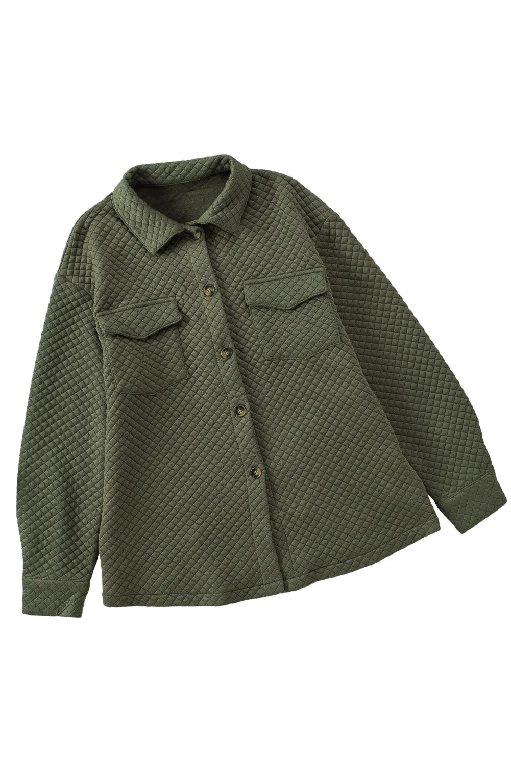 Wholesale Green Lattice Texture Pockets Button Up Quilted Shacket