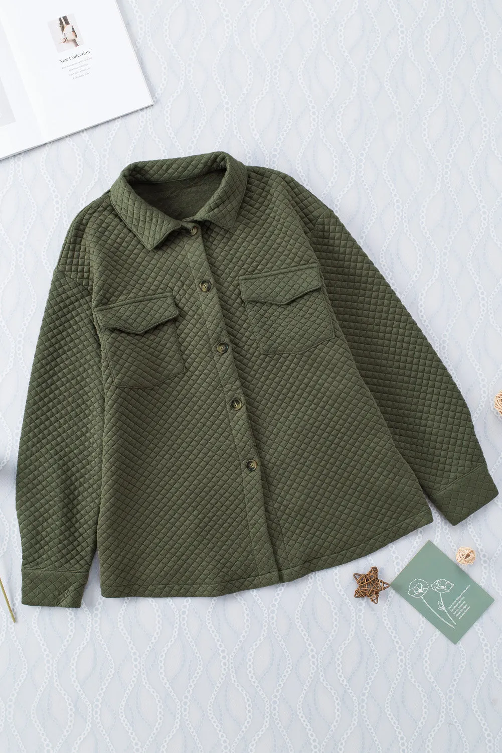 Wholesale Green Lattice Texture Pockets Button Up Quilted Shacket