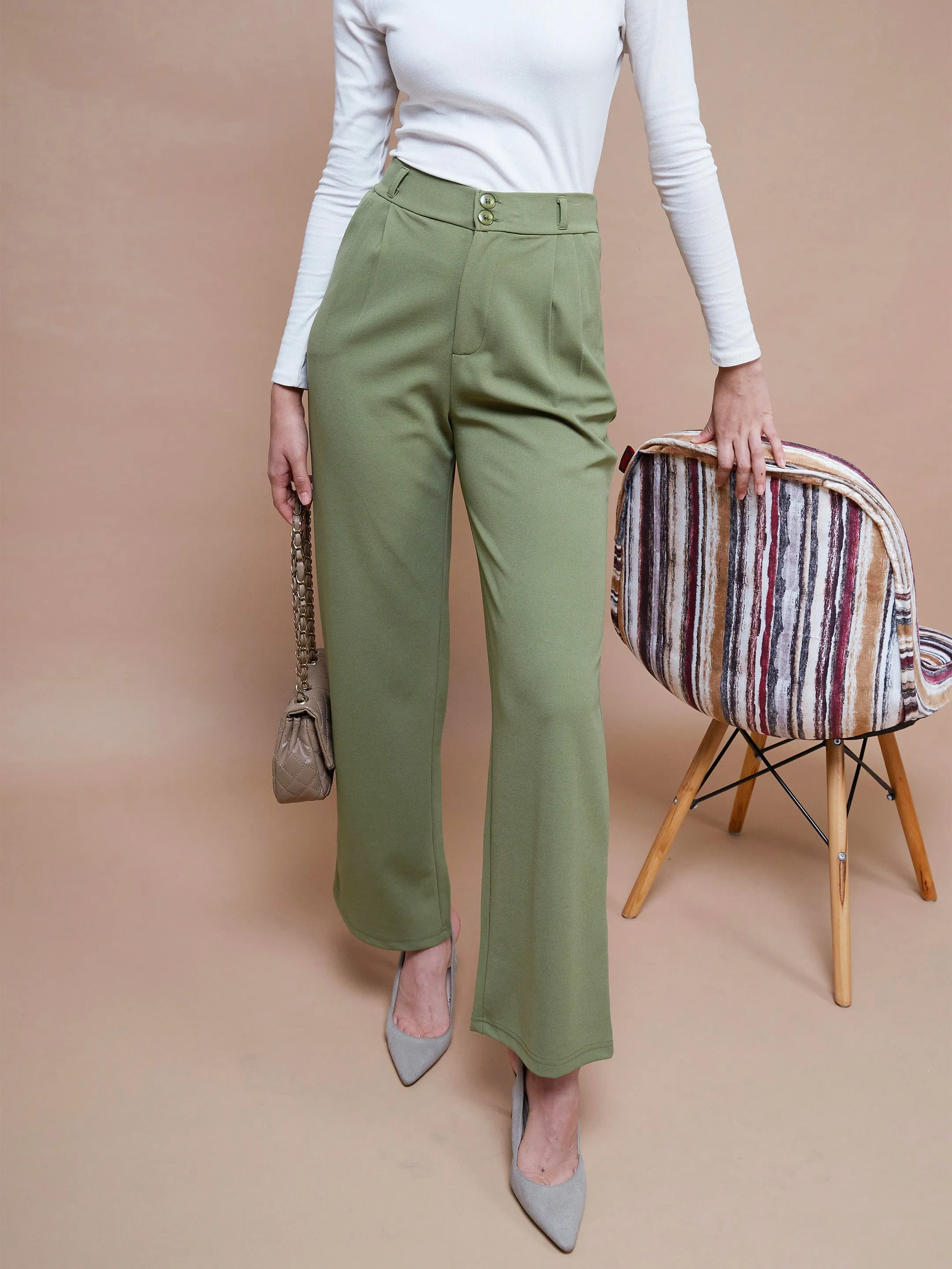 Women Olive Pleated Straight Stretchable Pants