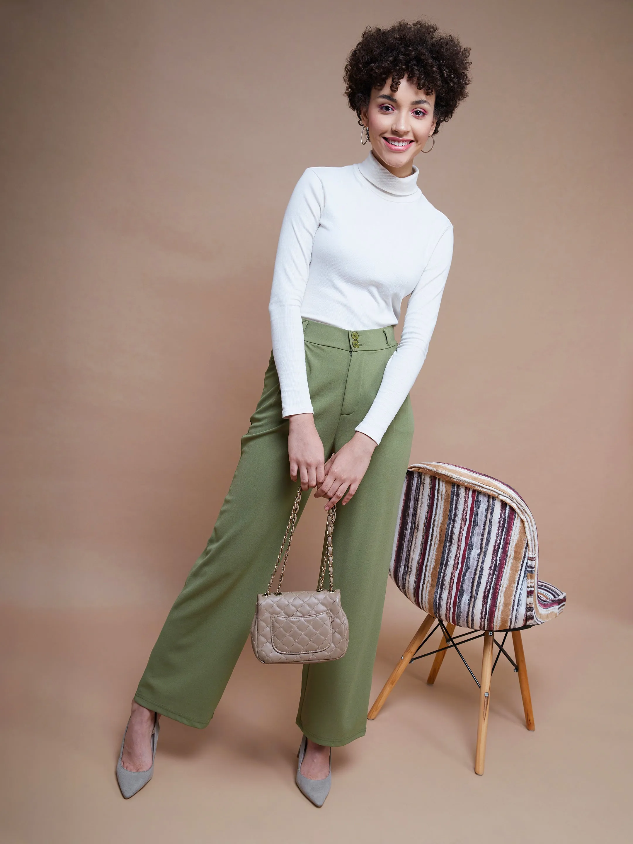 Women Olive Pleated Straight Stretchable Pants