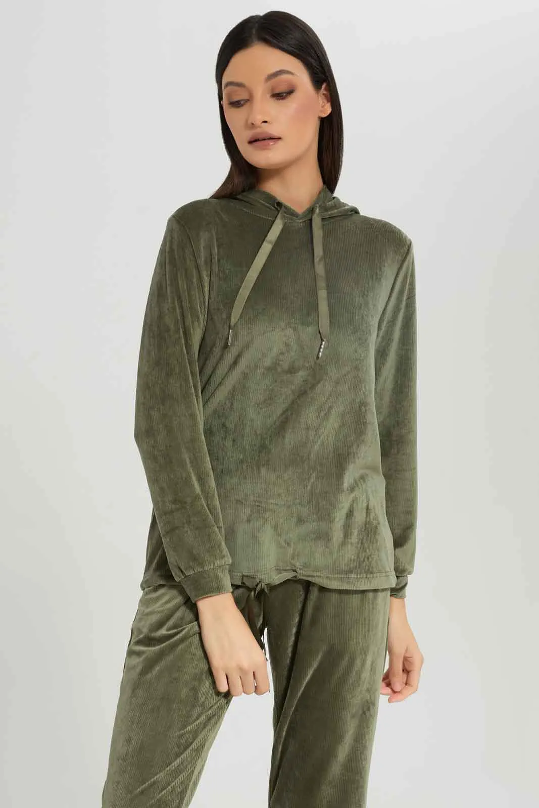 Women Olive Velour Pyjama Set (2 Piece)