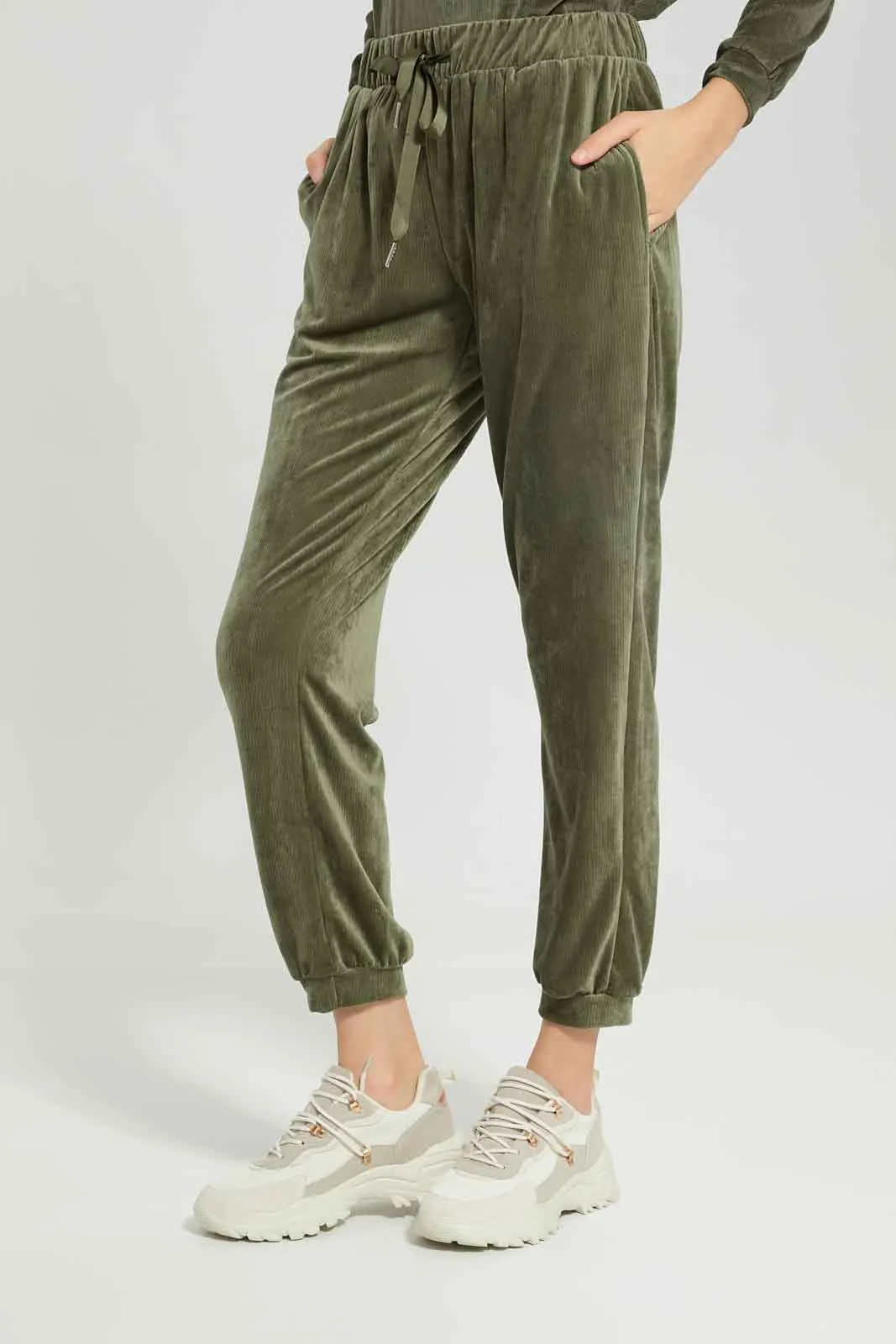 Women Olive Velour Pyjama Set (2 Piece)