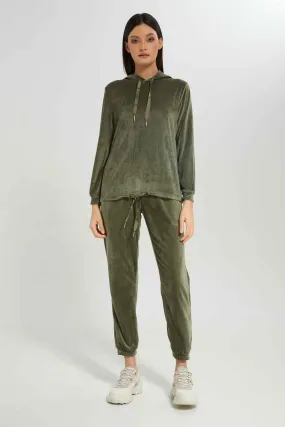 Women Olive Velour Pyjama Set (2 Piece)