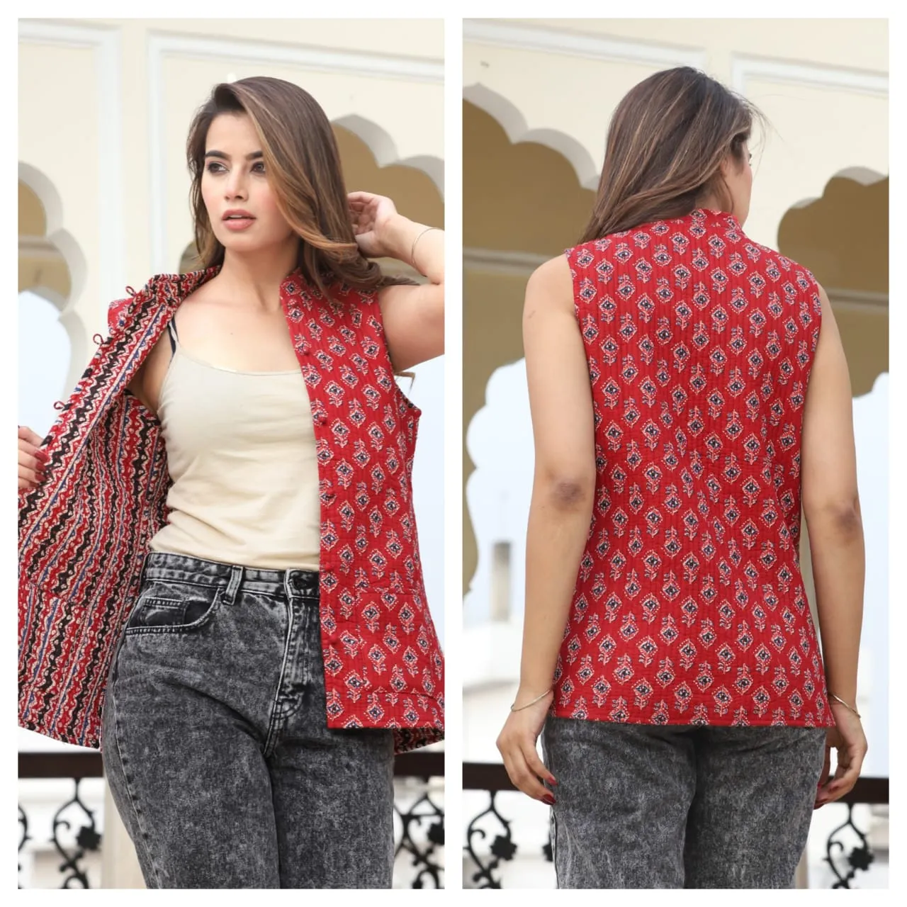 Women's Cotton Quilted Sleeveless Reversible Floral Jacket – Stylish & Versatile