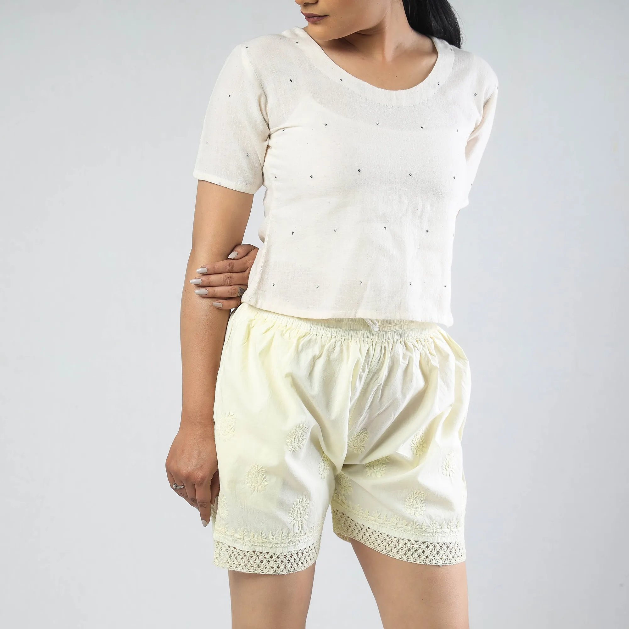 Yellow - Chikankari Hand Embroidered Cotton Short