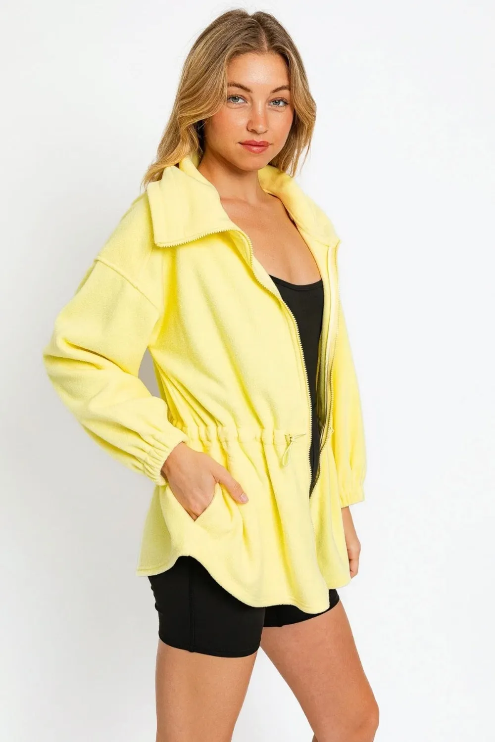 Zip Up Waist Drawstring Soft Fleece Jacket